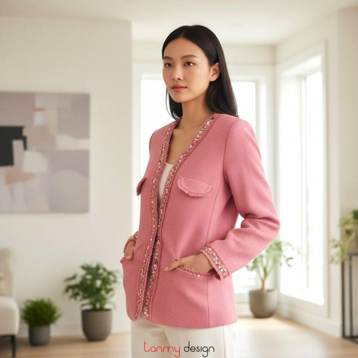 Pink silk-lined double-layer vest with delicate embroidery and pink beadwork